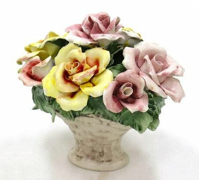 イタリア製 陶器 陶花 薔薇 ローズ インテリア置物 装飾品 ディスプレイ アンティーク風 輸入雑貨 ハンドメイド ハンドペイント