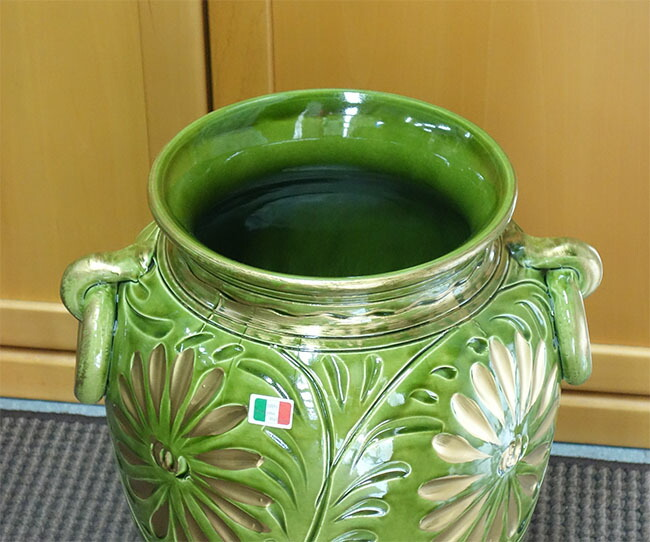 イタリア製　陶器　傘立て 壺型 グリーン レインラック　アンブレラスタンド　カサ立て　玄関収納