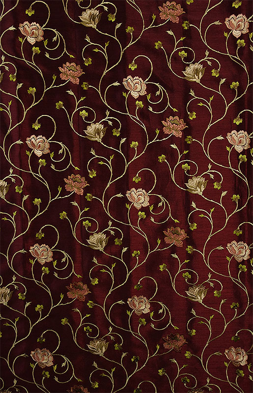 オーダーカーテン(ドレープ) インド製　刺繍「ミラノWR」　ワインレッド　薔薇柄　遮光裏地付き/共布タッセル付き　インポートカーテン