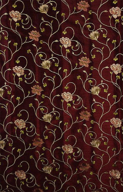 オーダーカーテン(ドレープ) インド製　刺繍「ミラノWR」　ワインレッド　薔薇柄　遮光裏地付き/共布タッセル付き　インポートカーテン