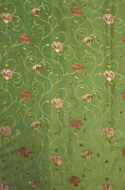 オーダーカーテン(ドレープ) インド製　刺繍「ミラノG」　グリーン　薔薇柄　遮光裏地付き/共布タッセル付き　インポートカーテン